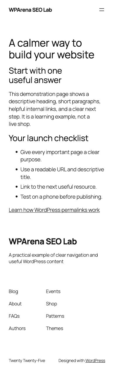The same WordPress demonstration on a 390 pixel mobile viewport, with fully visible headings and checklist
