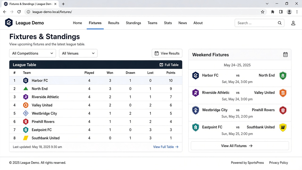 League table and weekend fixtures on a WordPress sports site