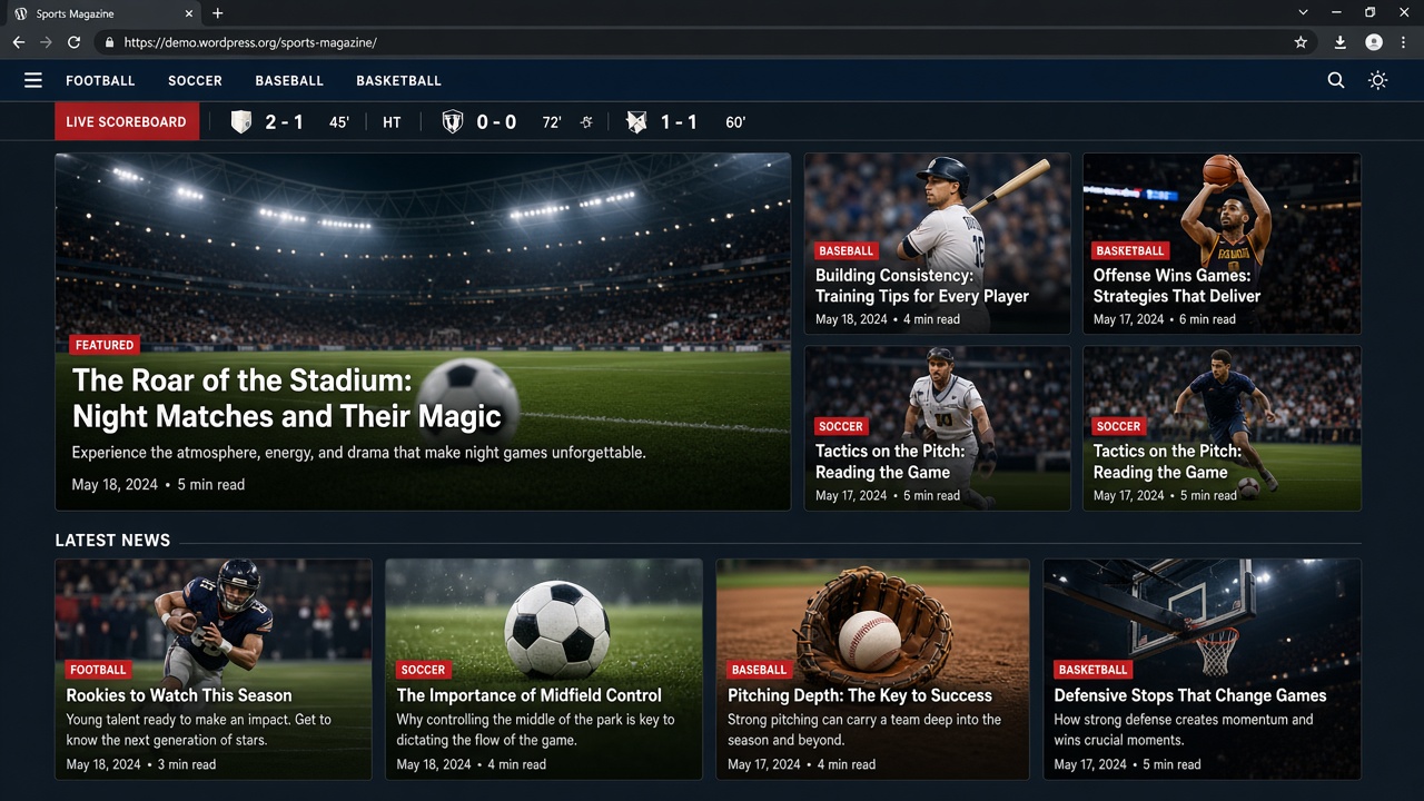 Magazine-style sports WordPress homepage with scoreboard ticker and featured story