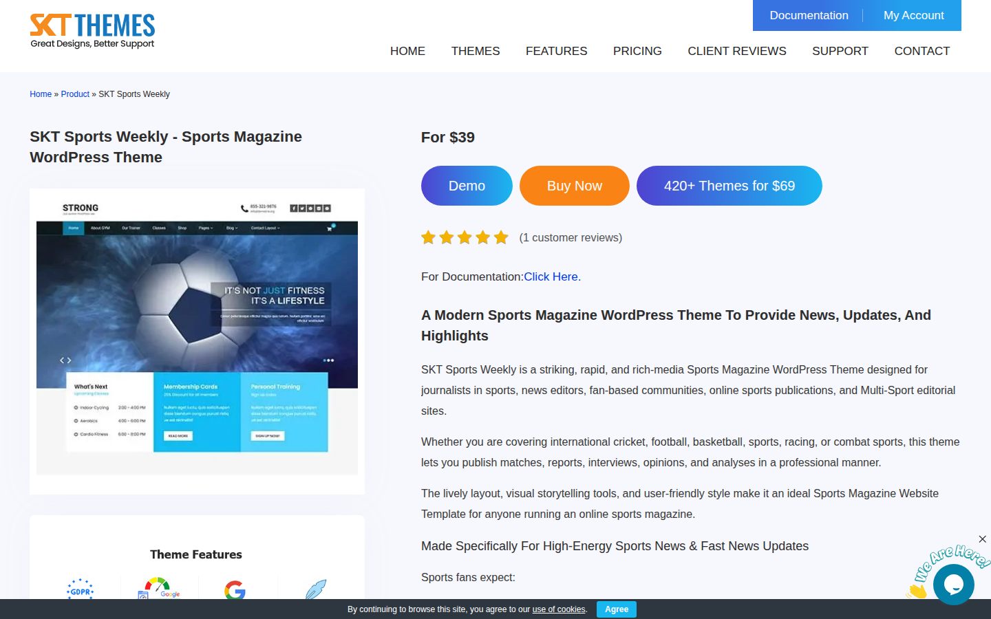 SKT Sports Weekly WordPress sports magazine theme product page with preview