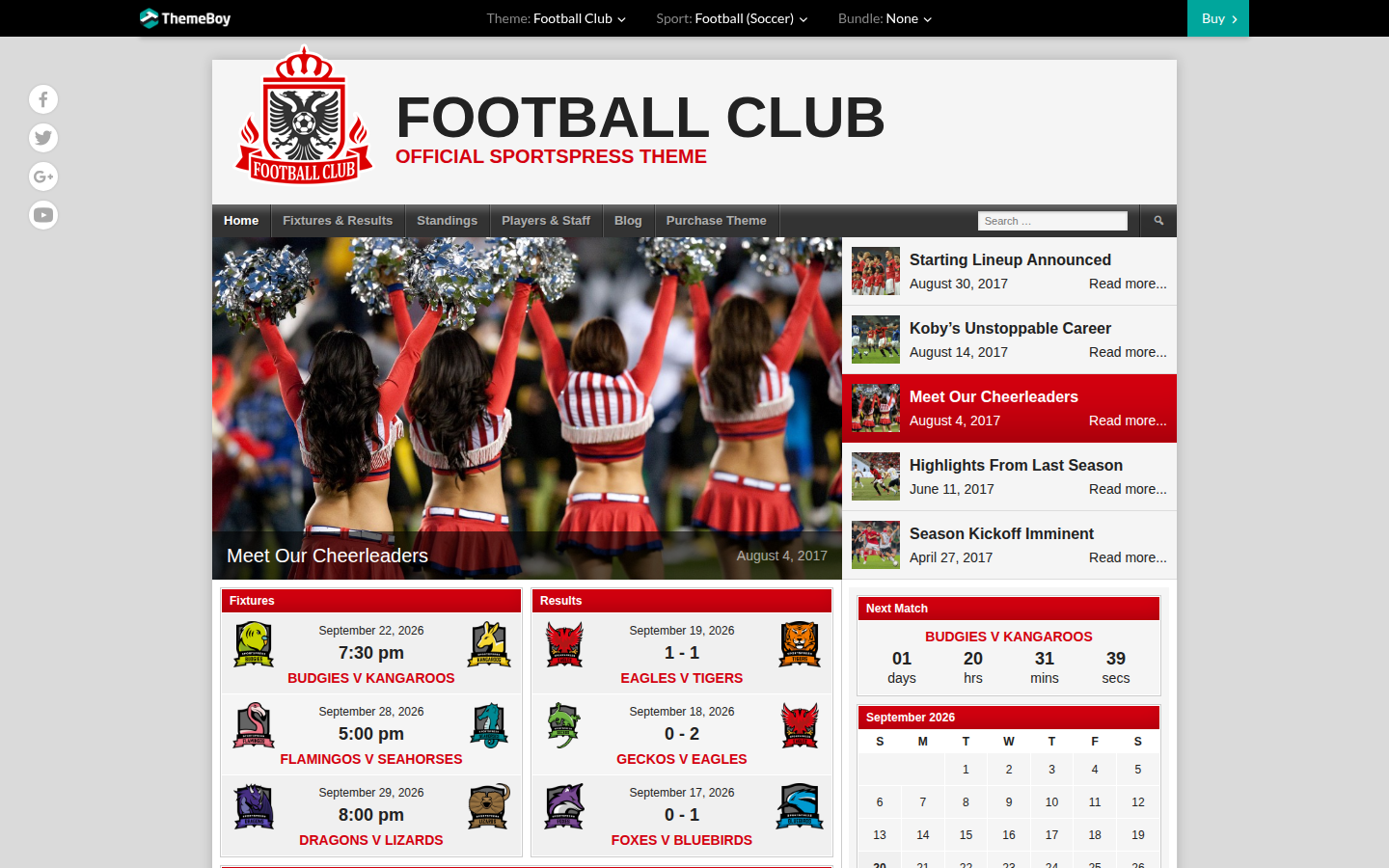 SportsPress WordPress demo with fixtures, results, next-match countdown and calendar