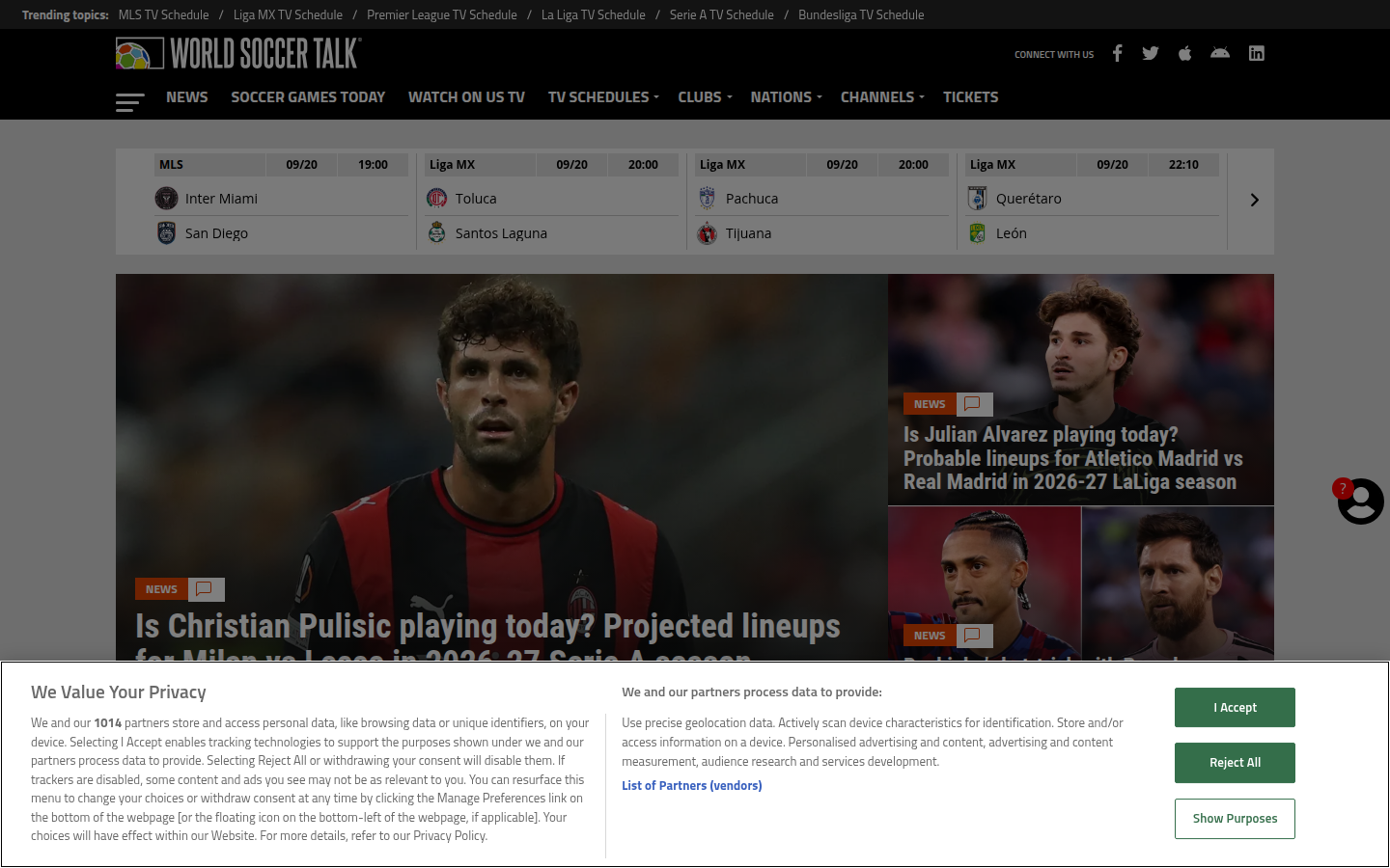 World Soccer Talk WordPress homepage with fixture ticker and featured player photography