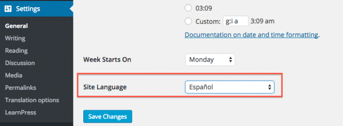 WordPress site language