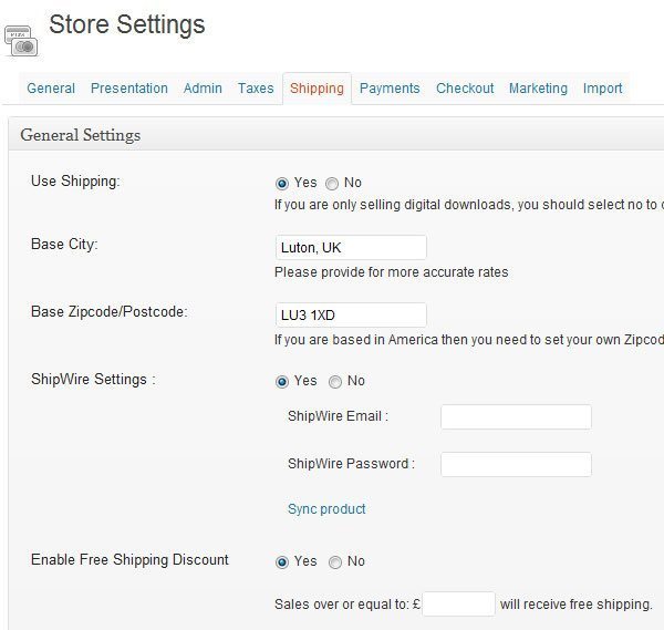 Store setting shipping