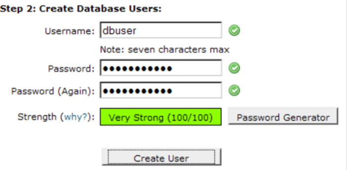cPanel create Database users