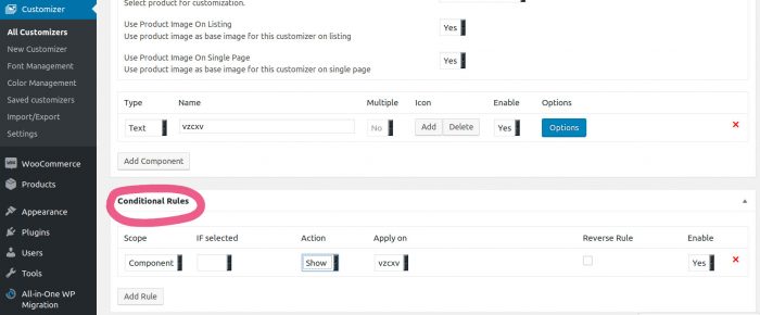 Visual Product Designer conditional rules