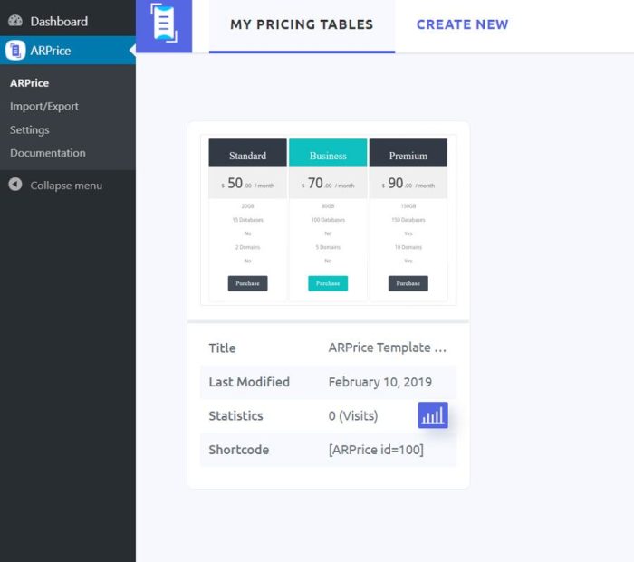 ARPrice Pricing Table