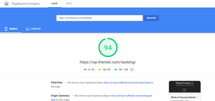 LawBlog Mobile PageSpeed Insight