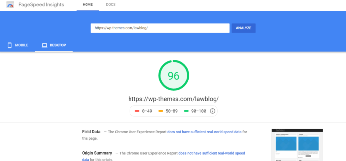 lawblog theme speed test for desktop