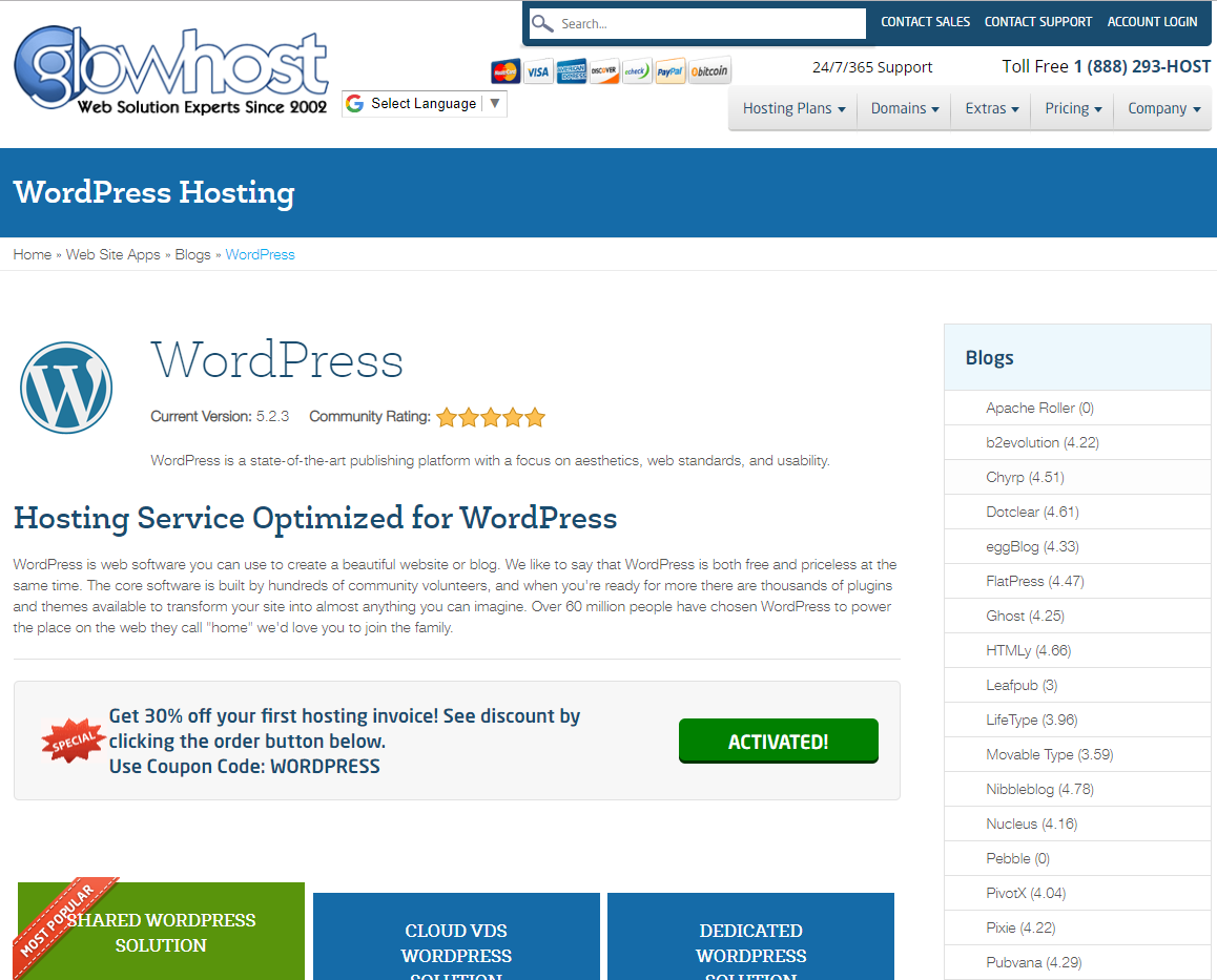 glowhost wordpress hosting page screenshot