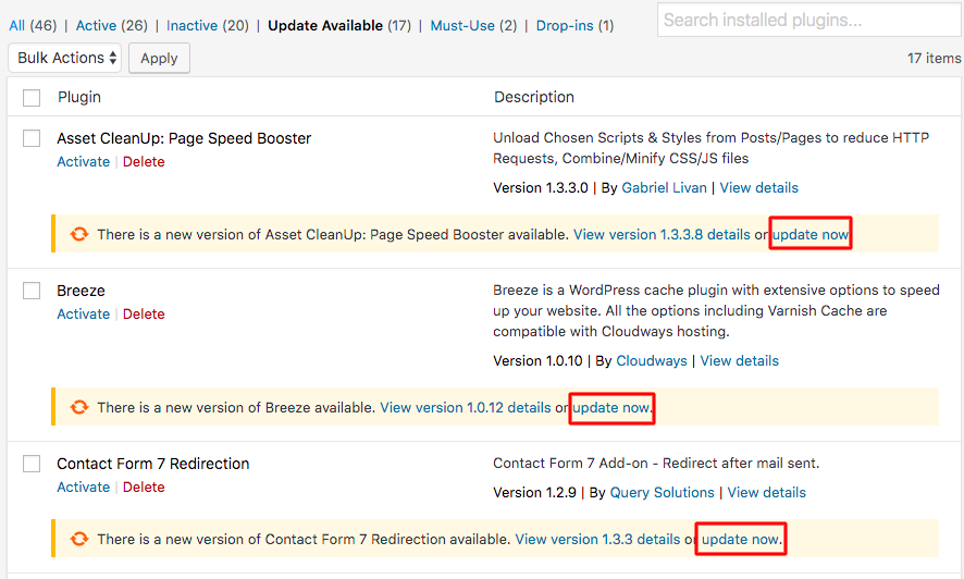 Screenshot of Plugins page in WordPress