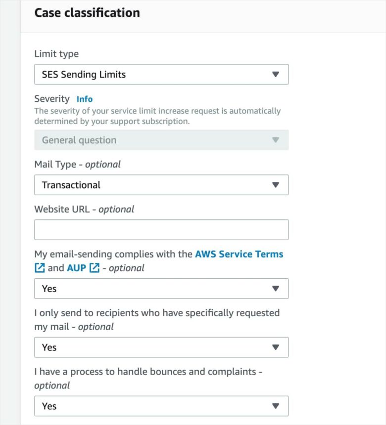 Case classifcation form in AWS smtp 1