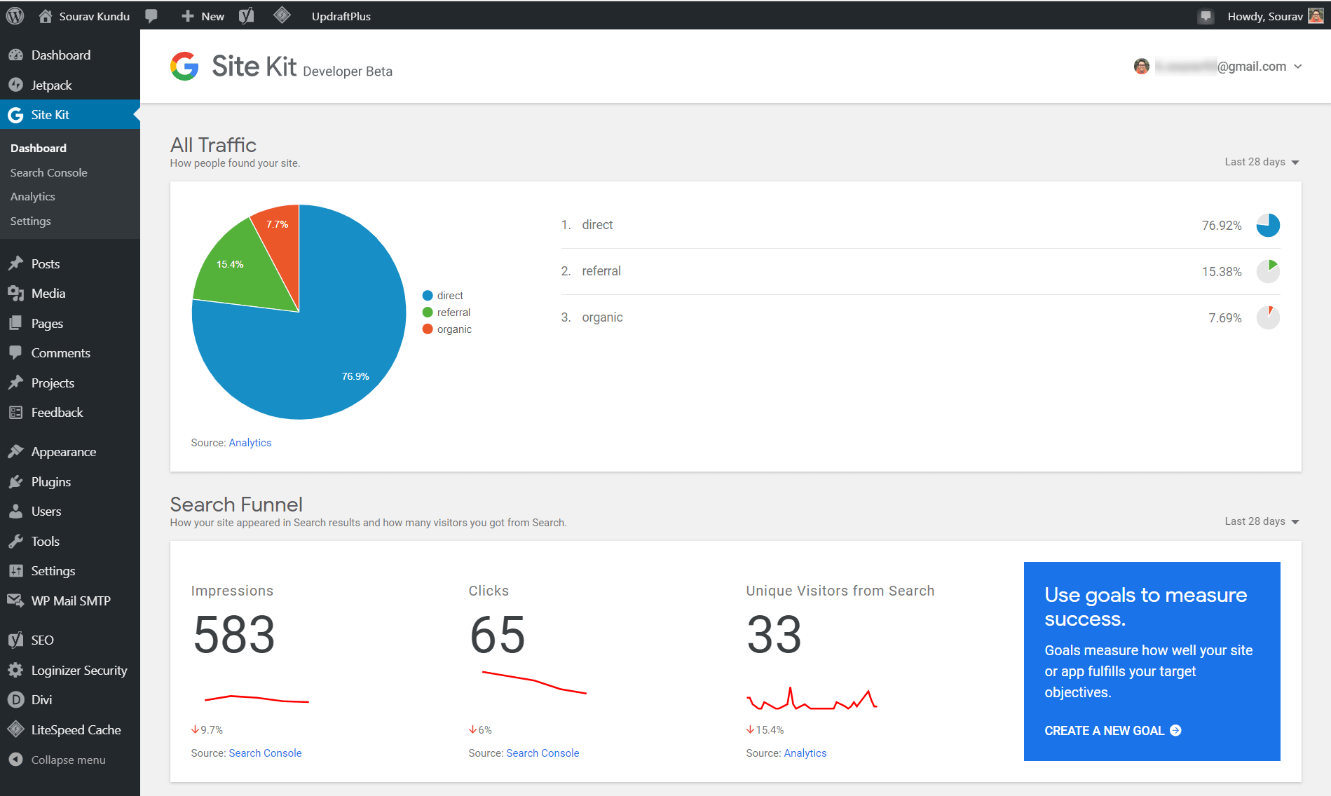 Google Site Kit stats panel in WordPress