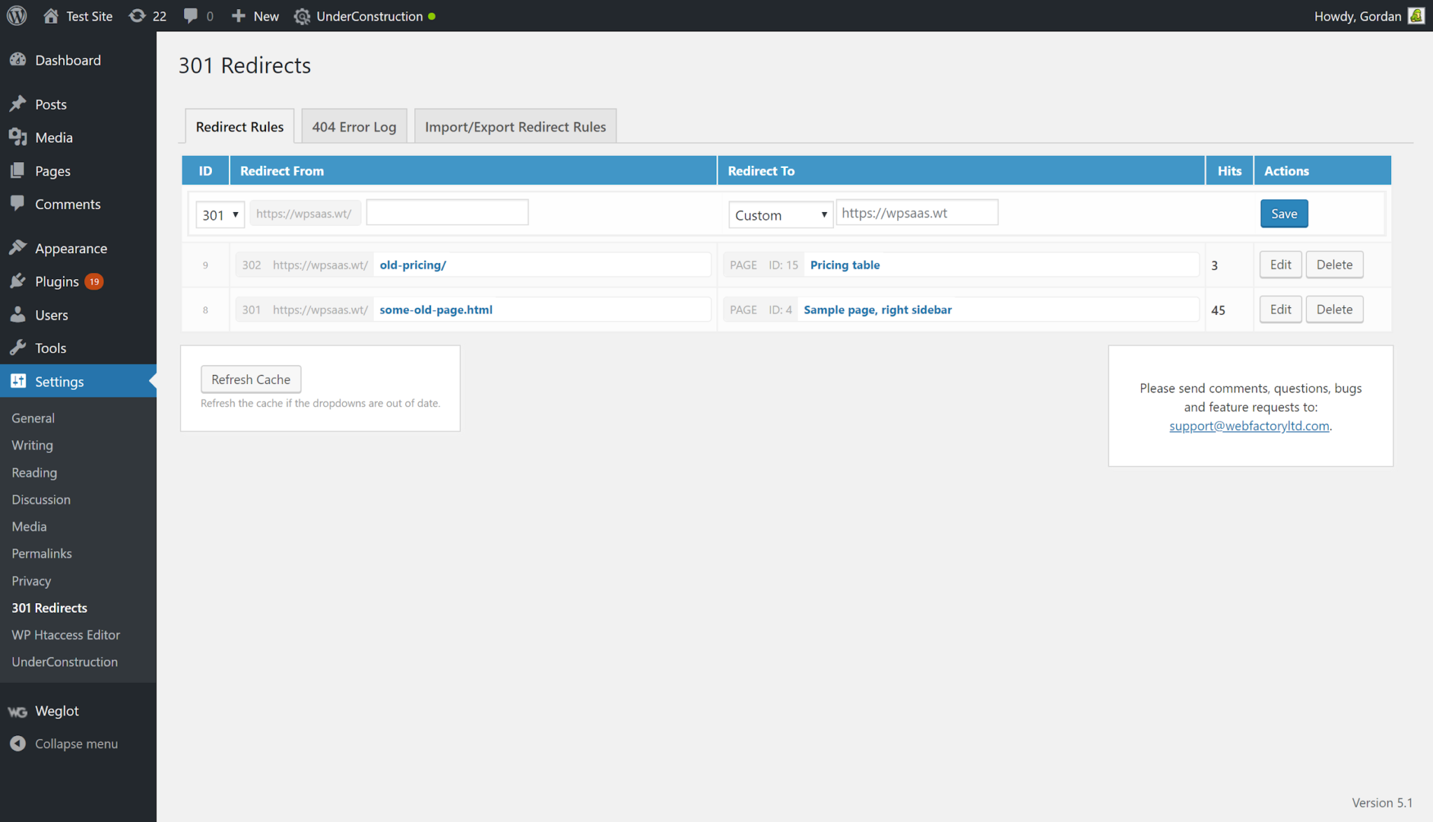 wp 301 redirect wordpress panel