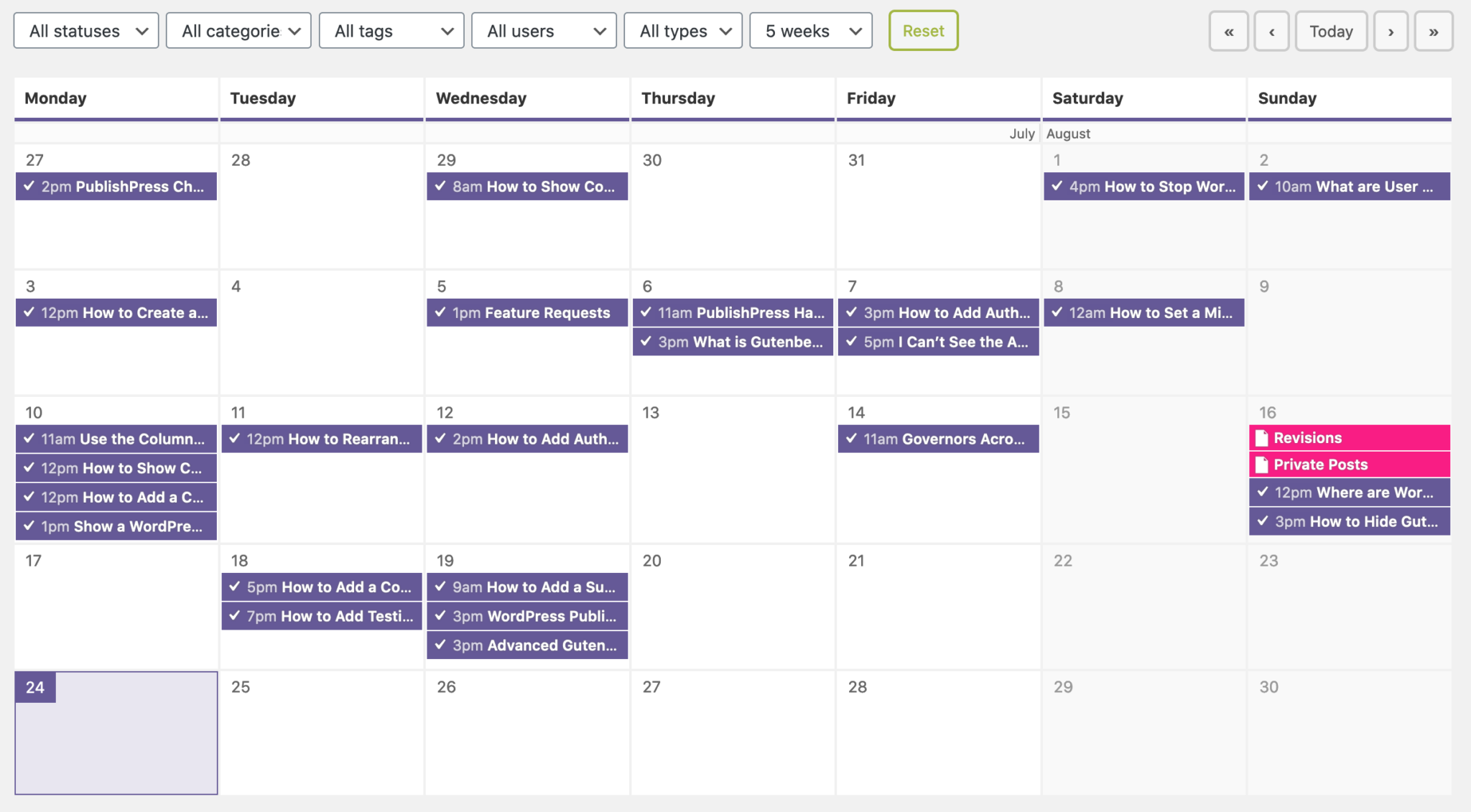 A screenshot of PublisherPress content calendar