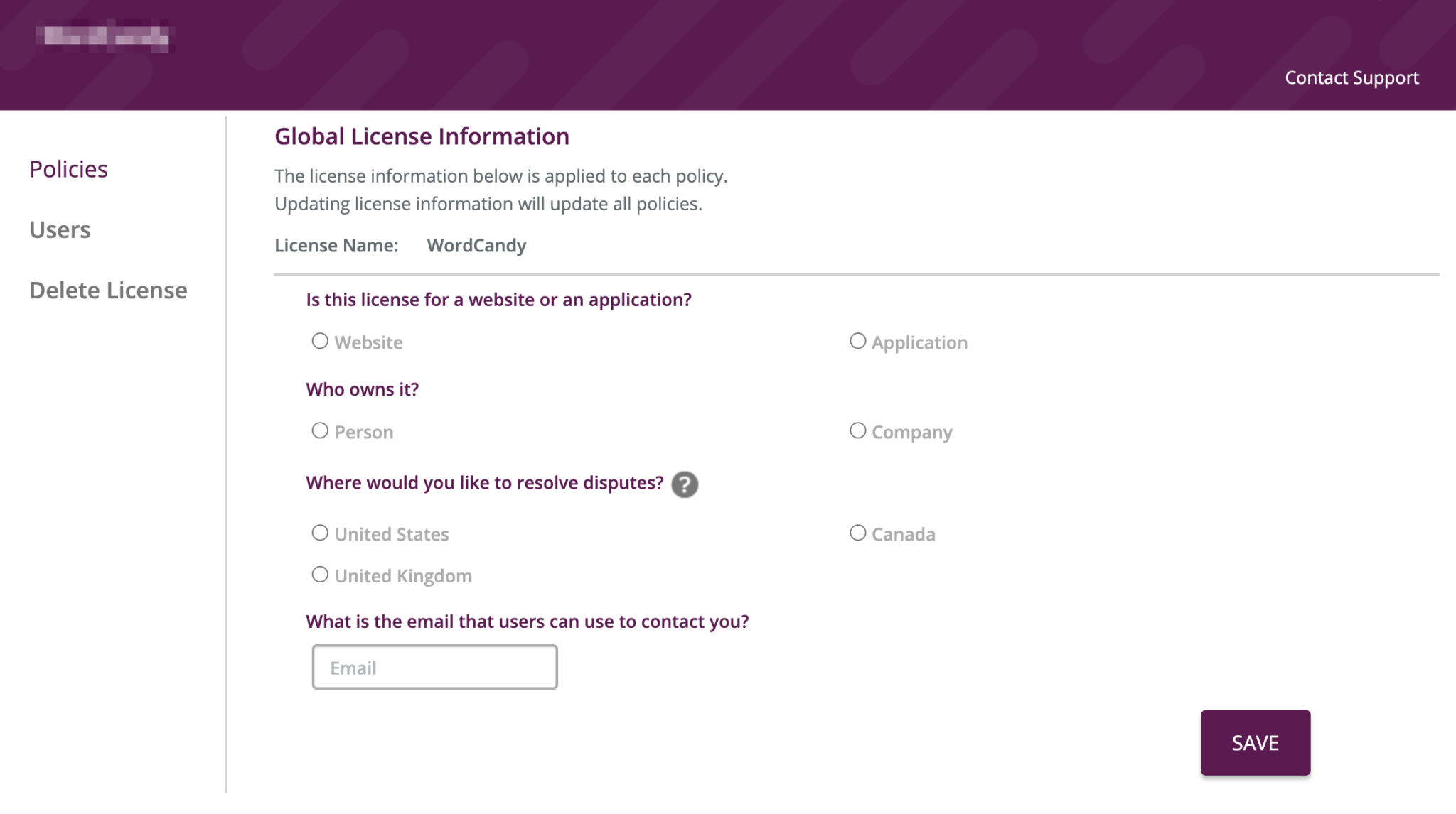 Global License information page