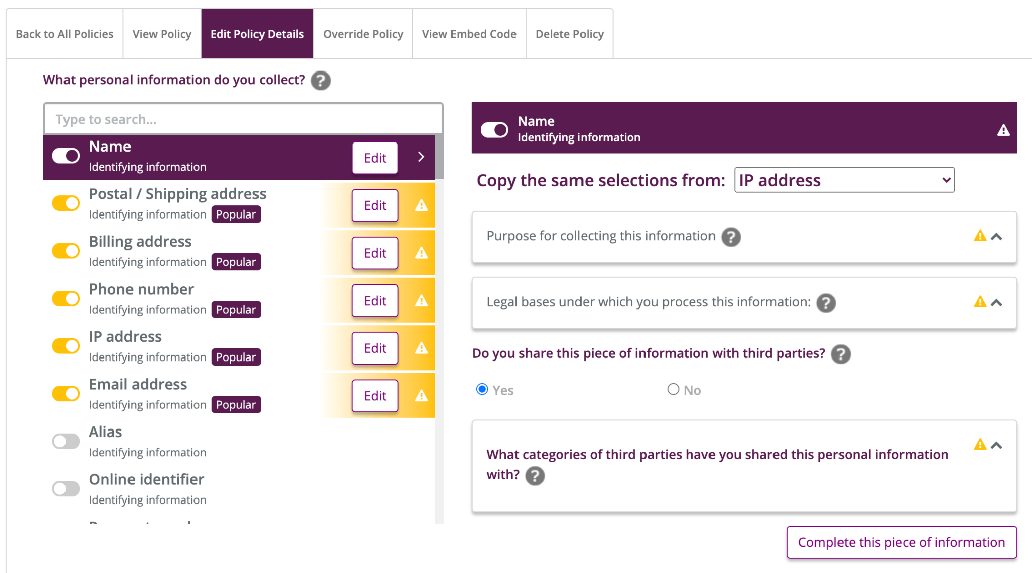 Billing information page