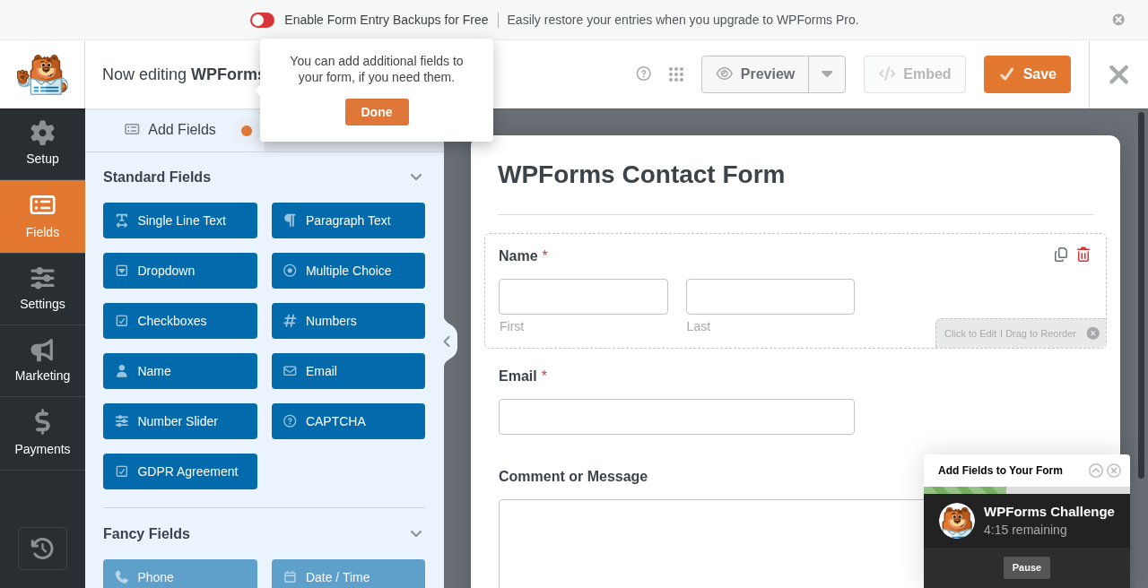 WPForms Lite drag-and-drop builder on demo.wparena.com showing a Name, Email, and Message form