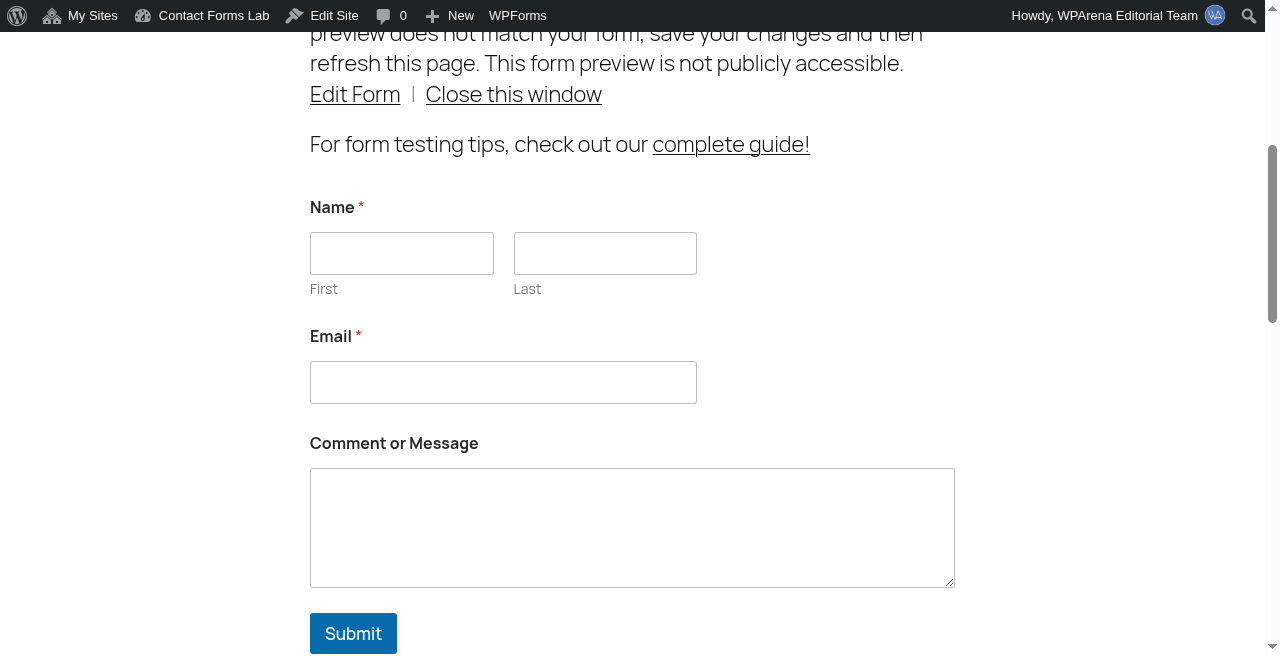 WPForms Lite published contact form preview on demo.wparena.com
