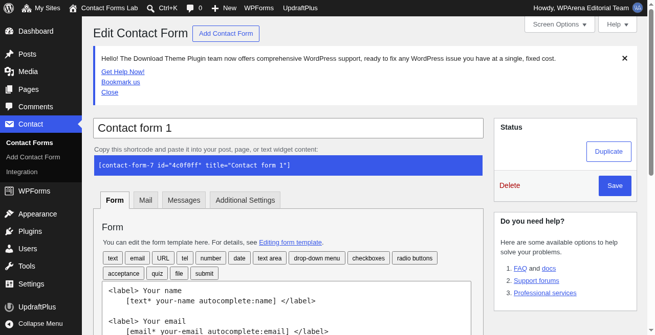 Contact Form 7 editor on demo.wparena.com with tag-style field markup