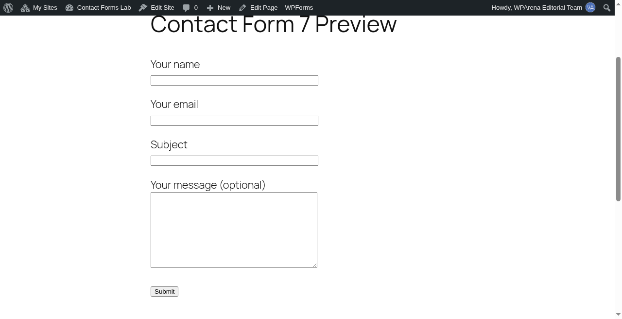 Contact Form 7 frontend form on demo.wparena.com with name, email, subject, and message fields