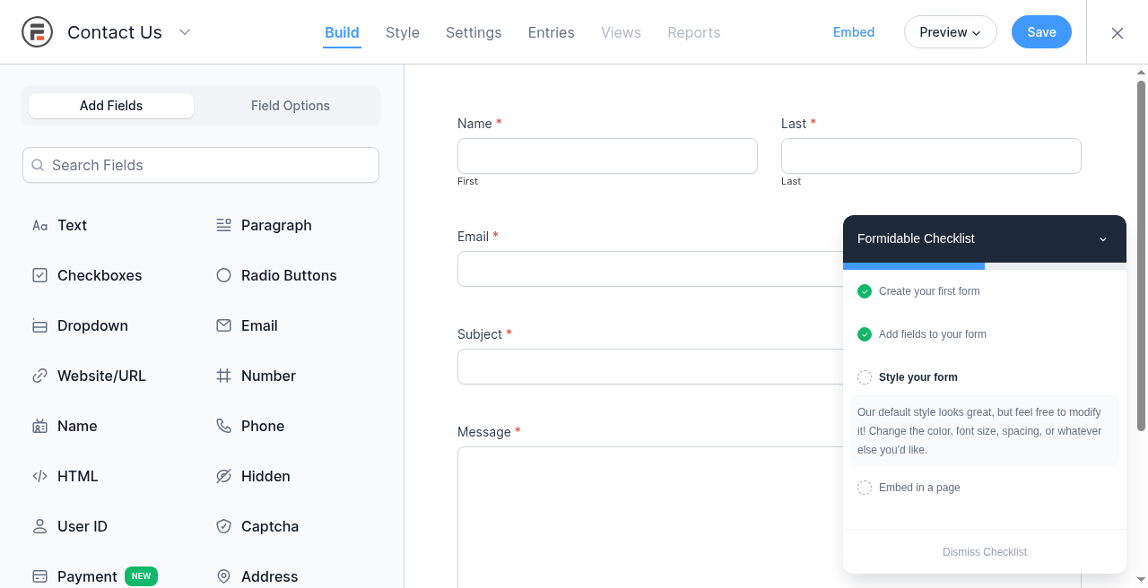 Formidable Forms Lite builder on demo.wparena.com with Name, Email, Subject, and Message fields