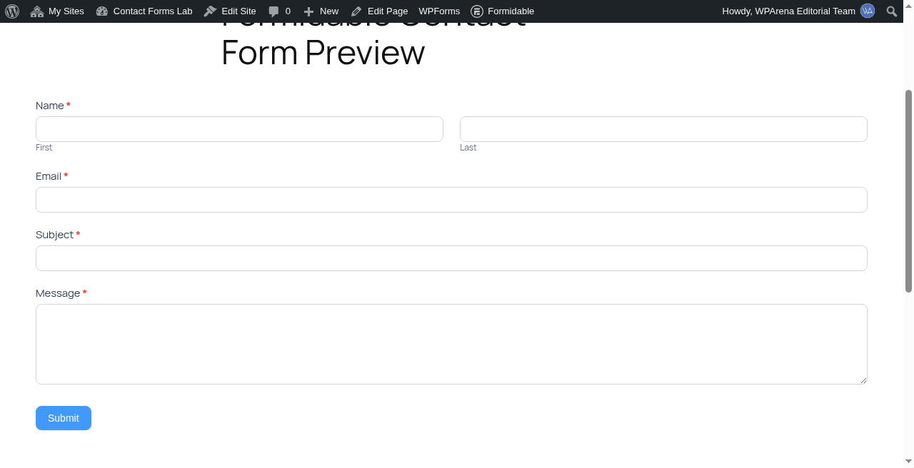 Formidable Forms Lite frontend contact form on demo.wparena.com