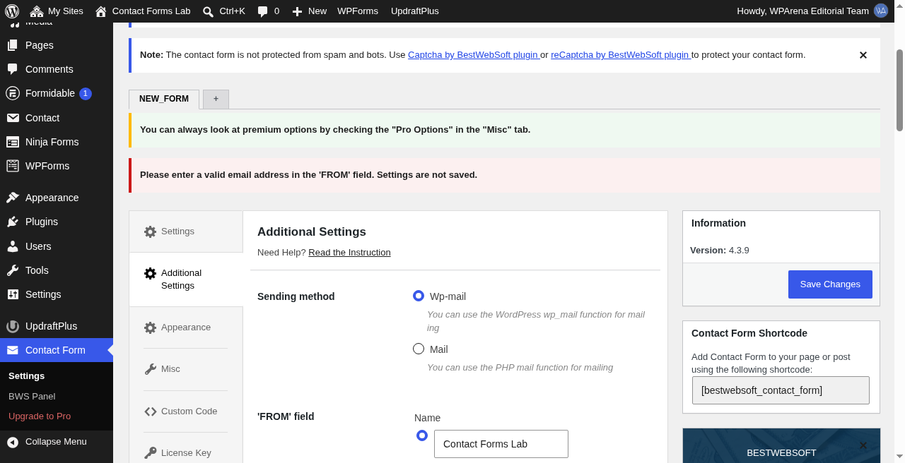 Contact Form by BestWebSoft settings screen on demo.wparena.com