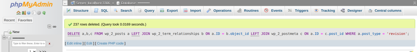 phpMyAdmin confirming 237 rows deleted after running the post revision cleanup query