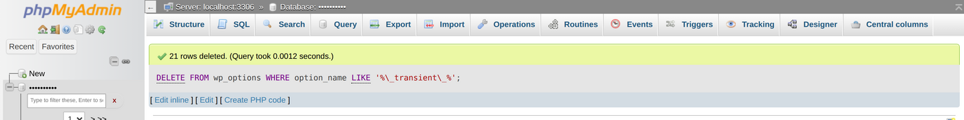 phpMyAdmin confirming 21 transient rows deleted from wp_options