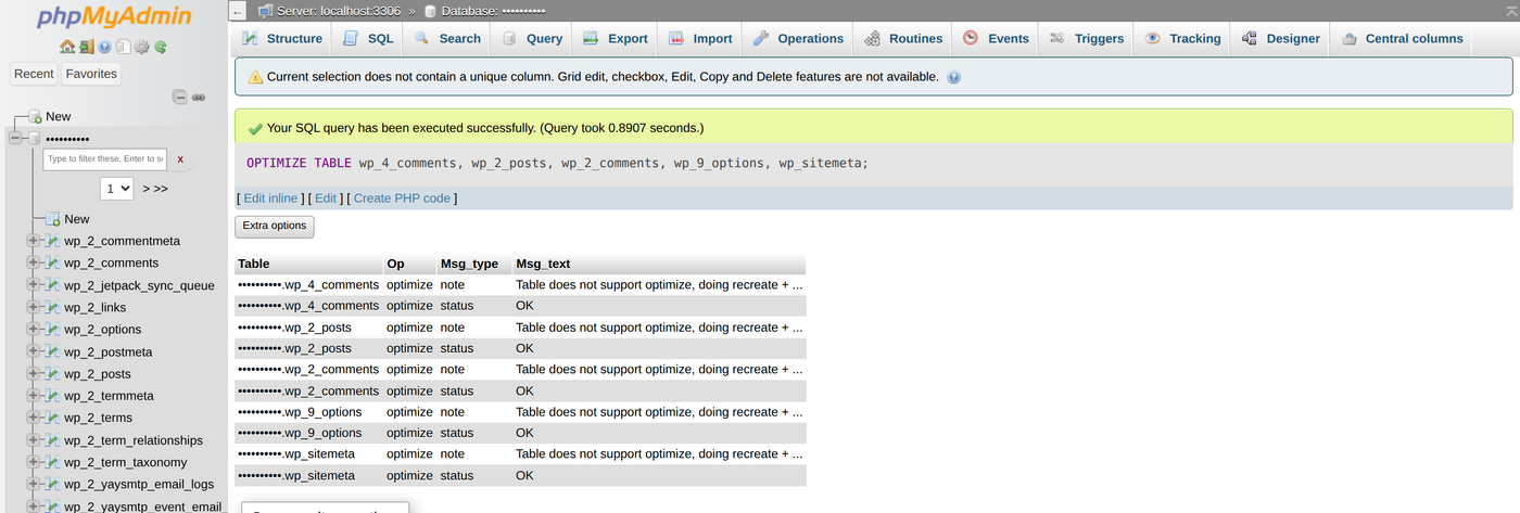 phpMyAdmin OPTIMIZE TABLE output showing InnoDB recreate and analyze notes with OK status