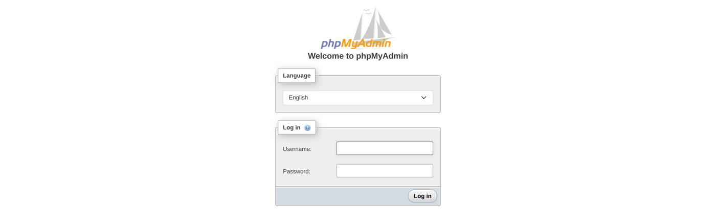 phpMyAdmin 5.2 login screen with empty username and password fields
