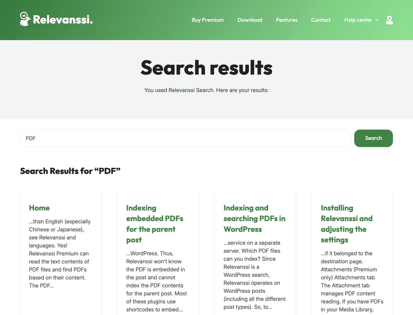 Relevanssi website results for a PDF search, including document indexing guides