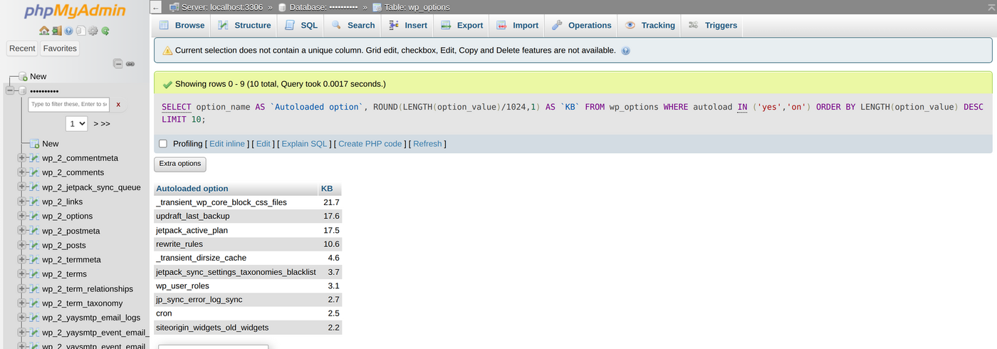 phpMyAdmin result listing the ten largest autoloaded wp_options rows in kilobytes