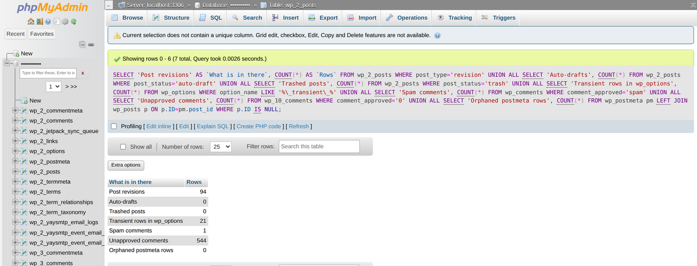 phpMyAdmin result counting post revisions, auto-drafts, transients, spam and unapproved comments