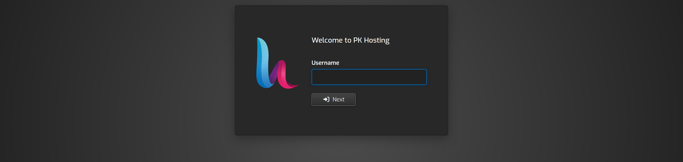 PK Hosting control panel login screen used to reach phpMyAdmin