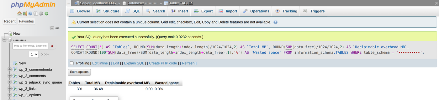 phpMyAdmin query result showing 36.48 MB of data and zero reclaimable overhead after cleanup